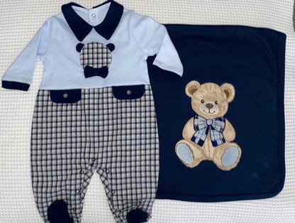 Navy Check Babygrow and Blanket with Teddy Detail
