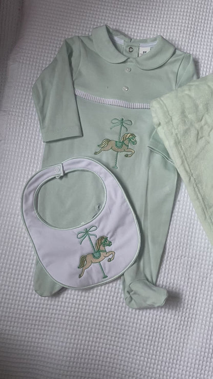 Mint Green Babygrow, Bib and Blanket Set with Horse Detail