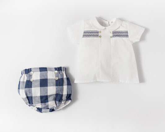 White and Navy Smocked Check 2 Piece Set - DBV22616