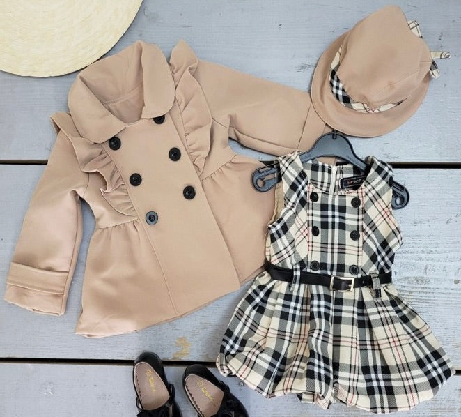 Girls Beige Checked 3 Piece Set
