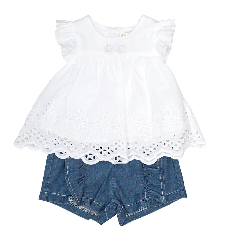 Girls Denim and Broderie Anglaise Short Set - BYB10132