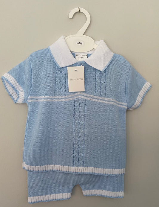 Blue and White Stripe Knitted Top and Short Set - 4378