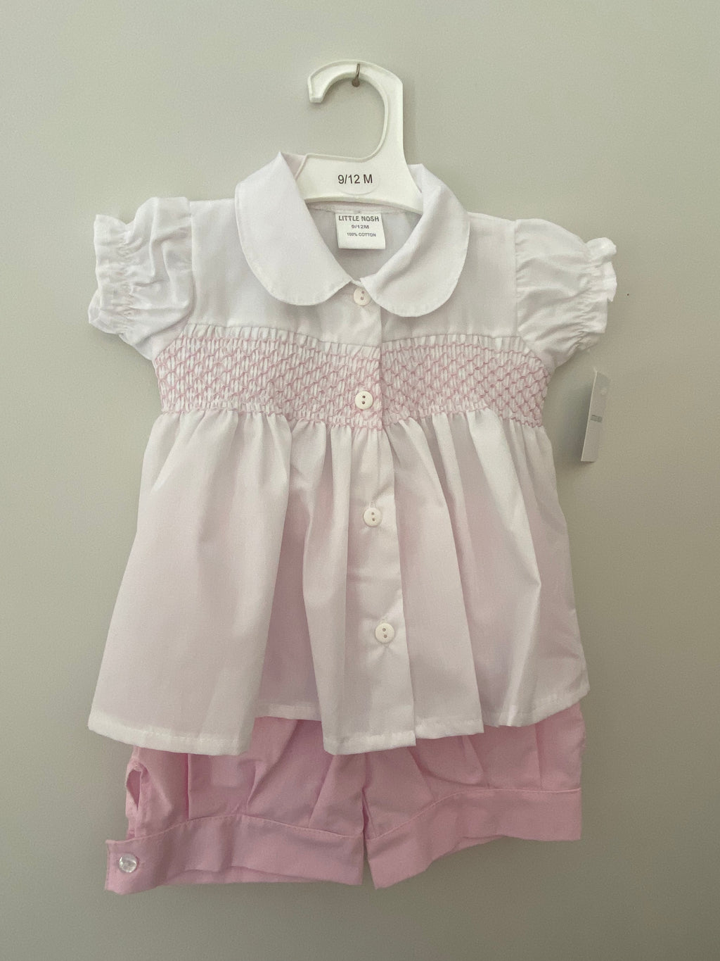Little Nosh - Girls White and Pink Smocked top and Short Set - PQ42168