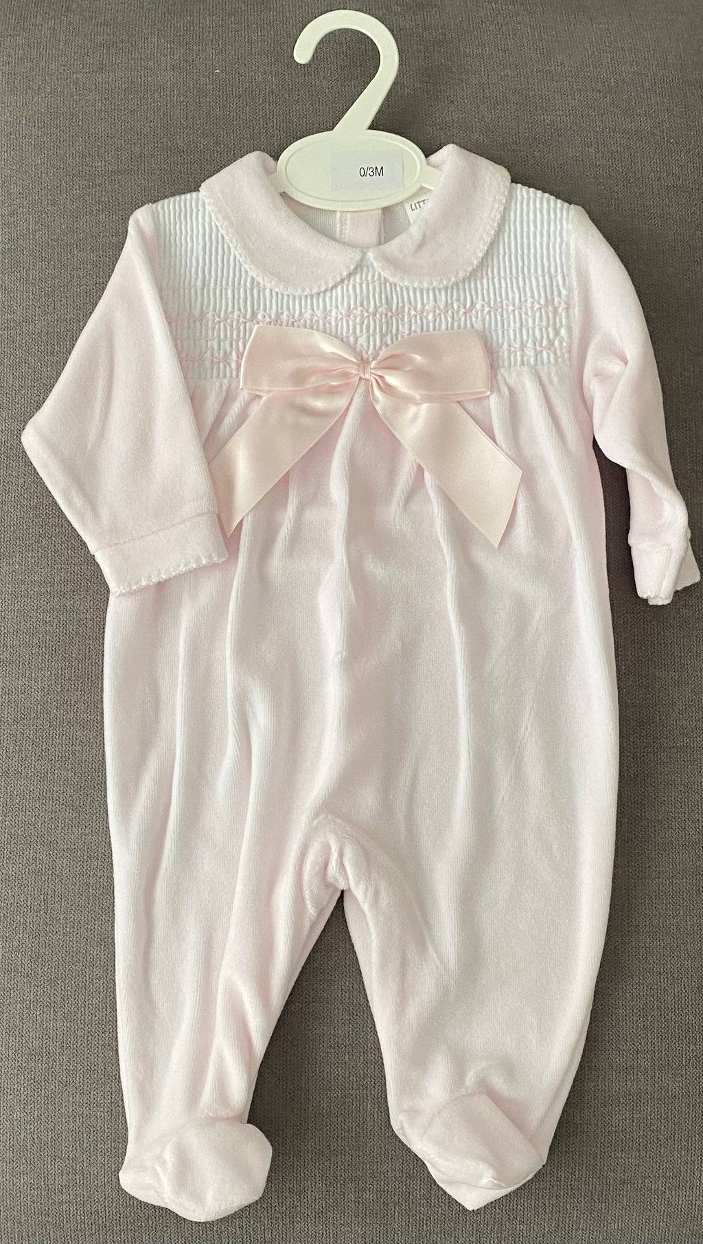 Pink Velour Babygrow with Smock and bow detail LB2021/02