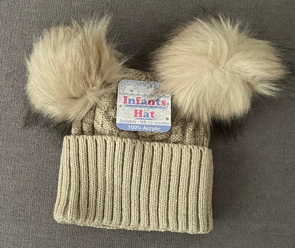 Tan Knitted Double Pom Pom Hat - H670