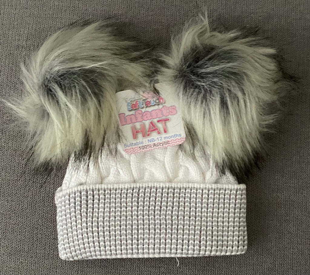 White and Grey Cable Knit Hat with Double Pom Pom - H646