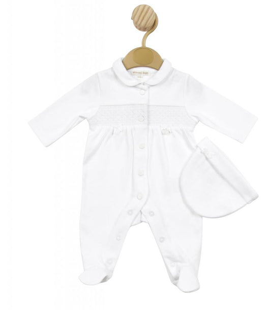 White Smocked Babygrow with Hat - LBWMB5132