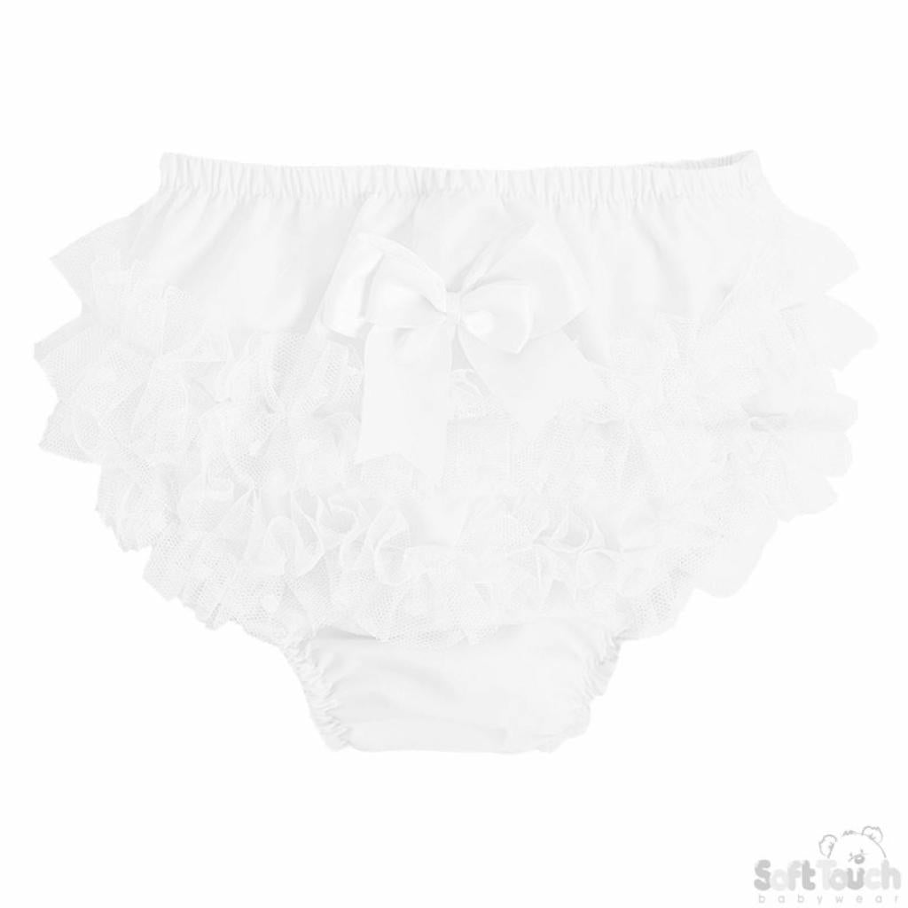White Cotton Pant with Lace Spot Frill and Bow - STFP20