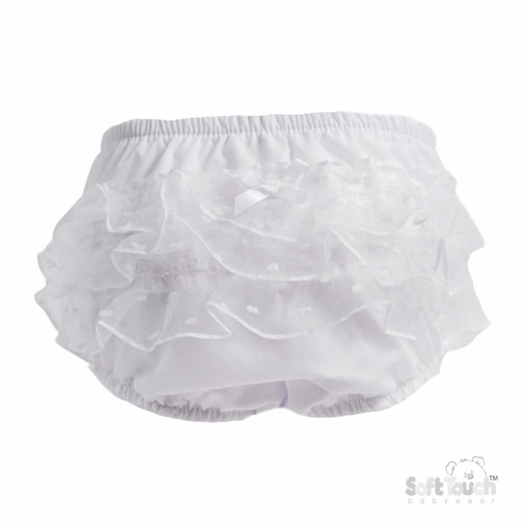 White Cotton Pant with Spotty Lace Frill and Bow - STFP24