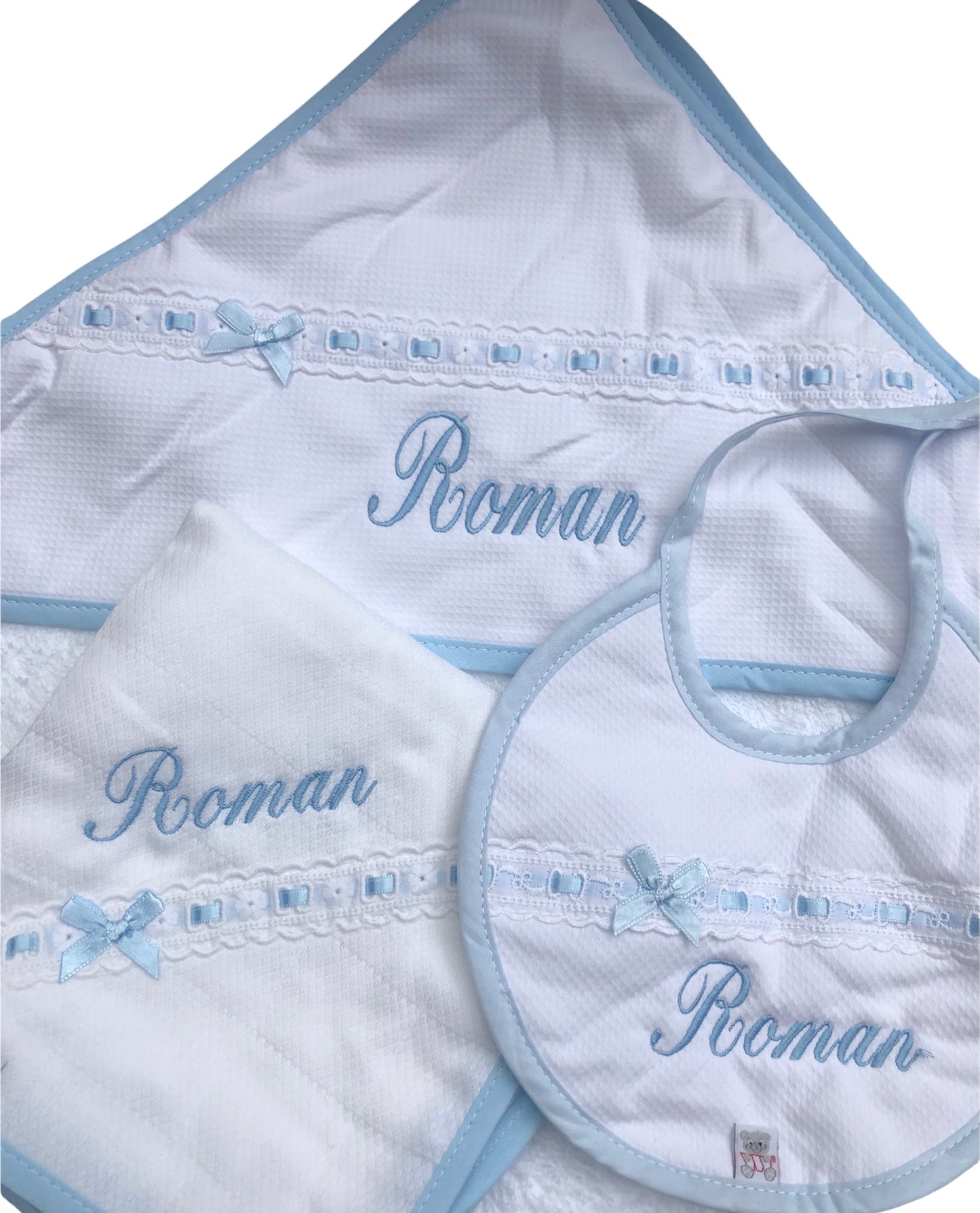 Personalised Towel, Bib and Muslin with Ribbon Detail - T75L