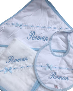 T75L Towel, bib and muslin with ribbon detail personalised